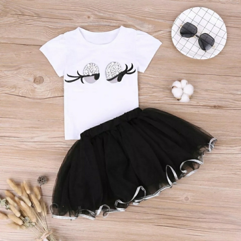 Girls Two Piece Pearl T-shirt & Tulle Skirt